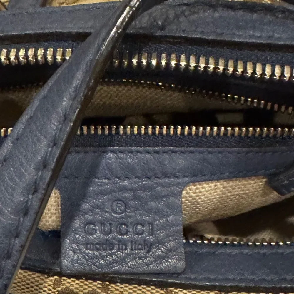 GUCCI Beige Brown GG Canvas Blue Leather Trim Small Belted 2way Boston Bag